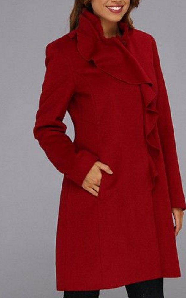NWT DKNY Ruffle Walker Fire Brick Red Coat